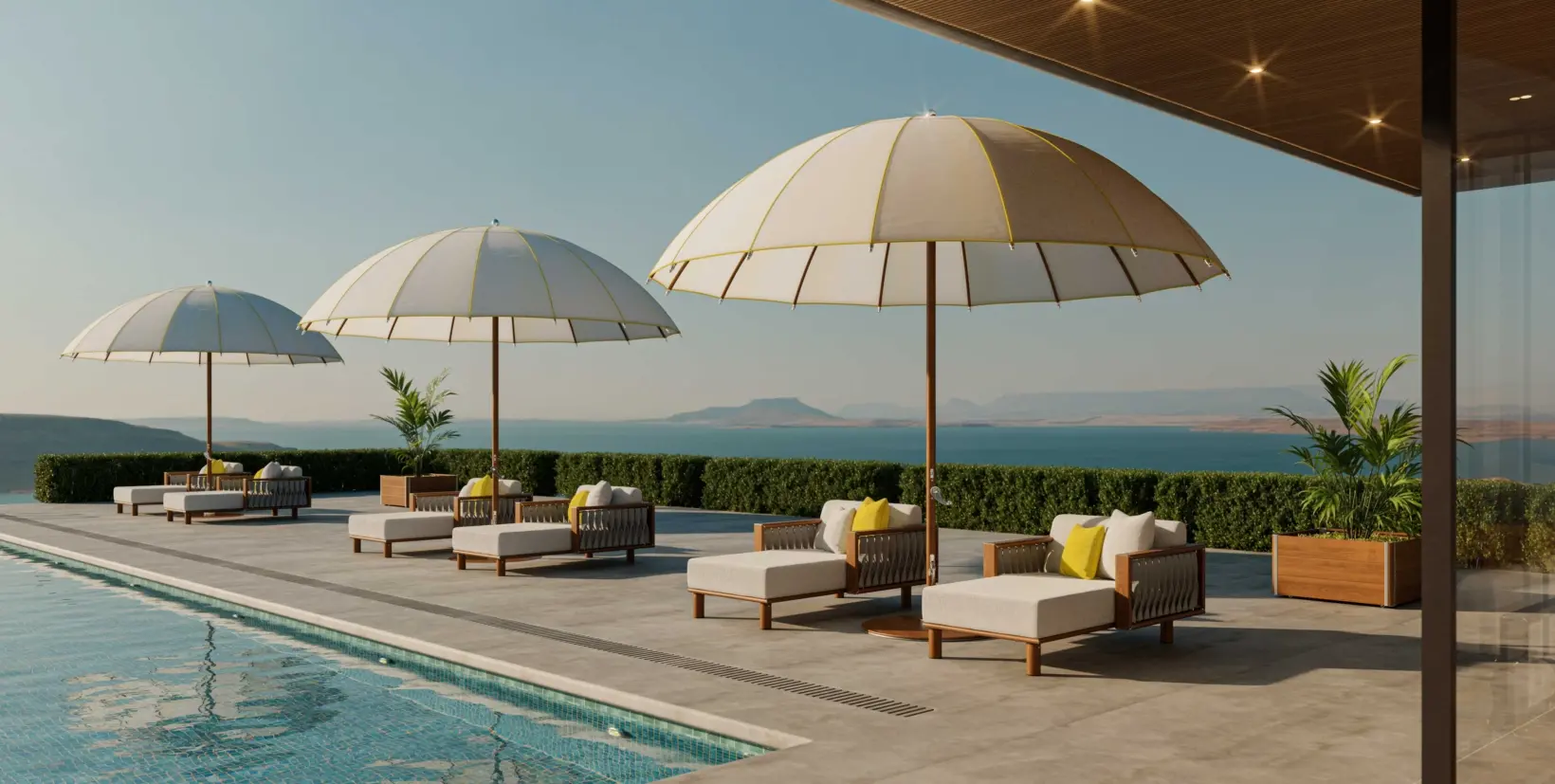 Tuuci OceanMaster M1 Bolero Giant Umbrellas in White with Contrasting Binding in Yellow Tuuci OceanMaster M1 Bolero Giant Umbrellas in White with Contrasting Binding in Yellow in a Pool Setting, Giant Umbrellas, Commercial Giant Umbrellas, Hospitality Giant Umbrellas, Parasols, Restaurant Umbrellas, Outdoor Umbrellas, Fabric Umbrellas, Giant Umbrellas with Logos, Tuuci Umbrellas, Tuuci Giant Umbrellas
