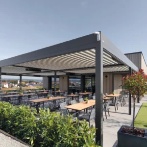 Warema L50 Roof System, Lamaxa Pergola, Commercial Pergolas, Restaurant Pergolas, Restaurant Roof System, Powder Coated Pergolas, Metal Roof System, Grey Pergola, Hospitality Pergolas, Retractable Roof System, Free Standing Canopies