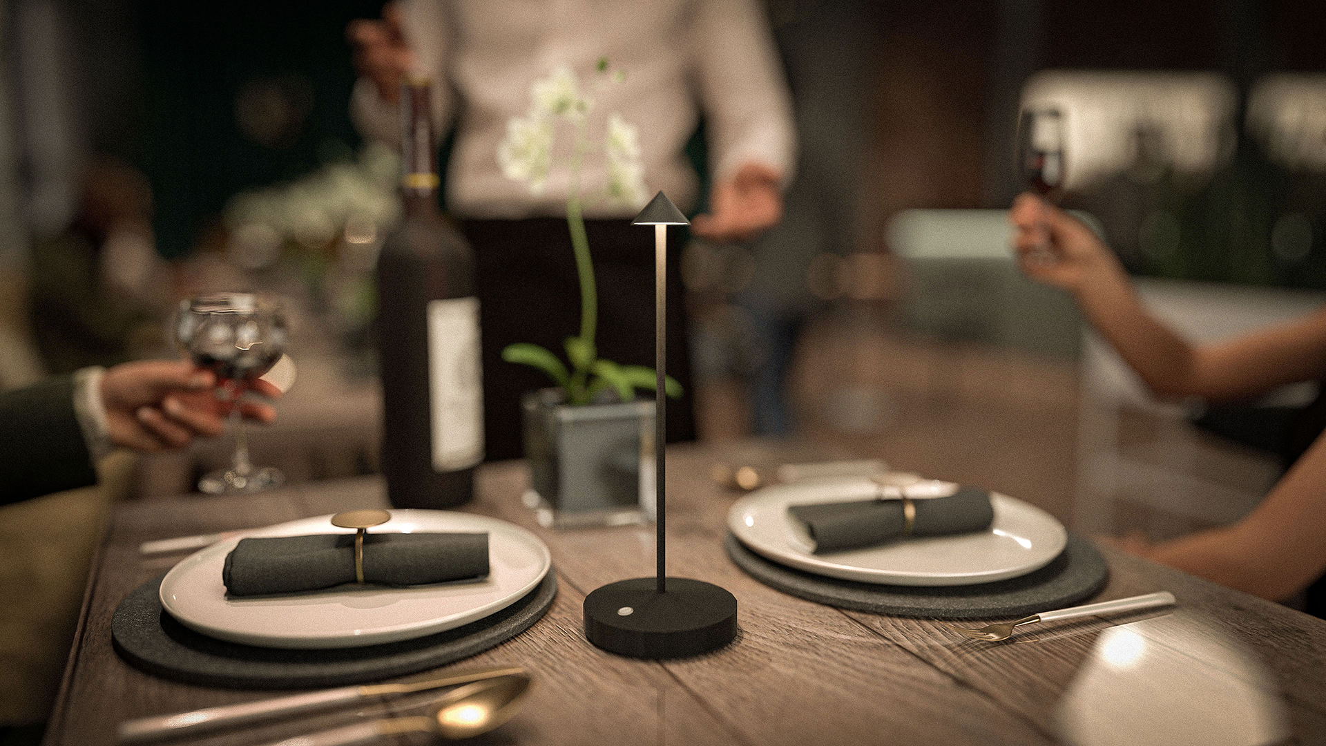 Lina LED Rechargeable Table Lamp in Black Lina LED Rechargeable Table Lamp Close up in Black, Table Lighting, Restaurant Lighting, Lighting for Table at Restaurant, Commercial Table Lighting, Hospitality Lighting, Rechargeable Table Lamps, LED Lighting, Outdoor Table Lamps, Indoor Table Lighting