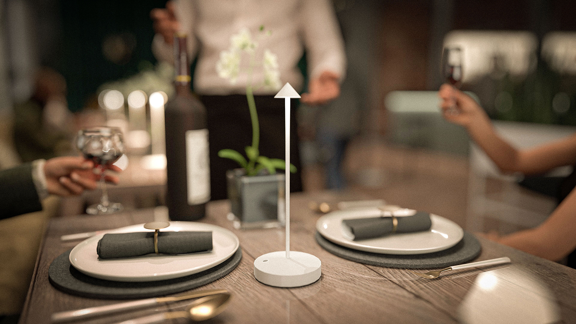 Lina LED Rechargeable Table Lamp Indoors on a Wooden Table in White with People Dining Lina LED Rechargeable Table Lamp Indoors on a Wooden Table in White with People Dining, Table Lighting, Restaurant Lighting, Lighting for Table at Restaurant, Commercial Table Lighting, Hospitality Lighting, Rechargeable Table Lamps, LED Lighting, Outdoor Table Lamps, Indoor Table Lighting, Cafe Lighting, Table Lamps for Cafes