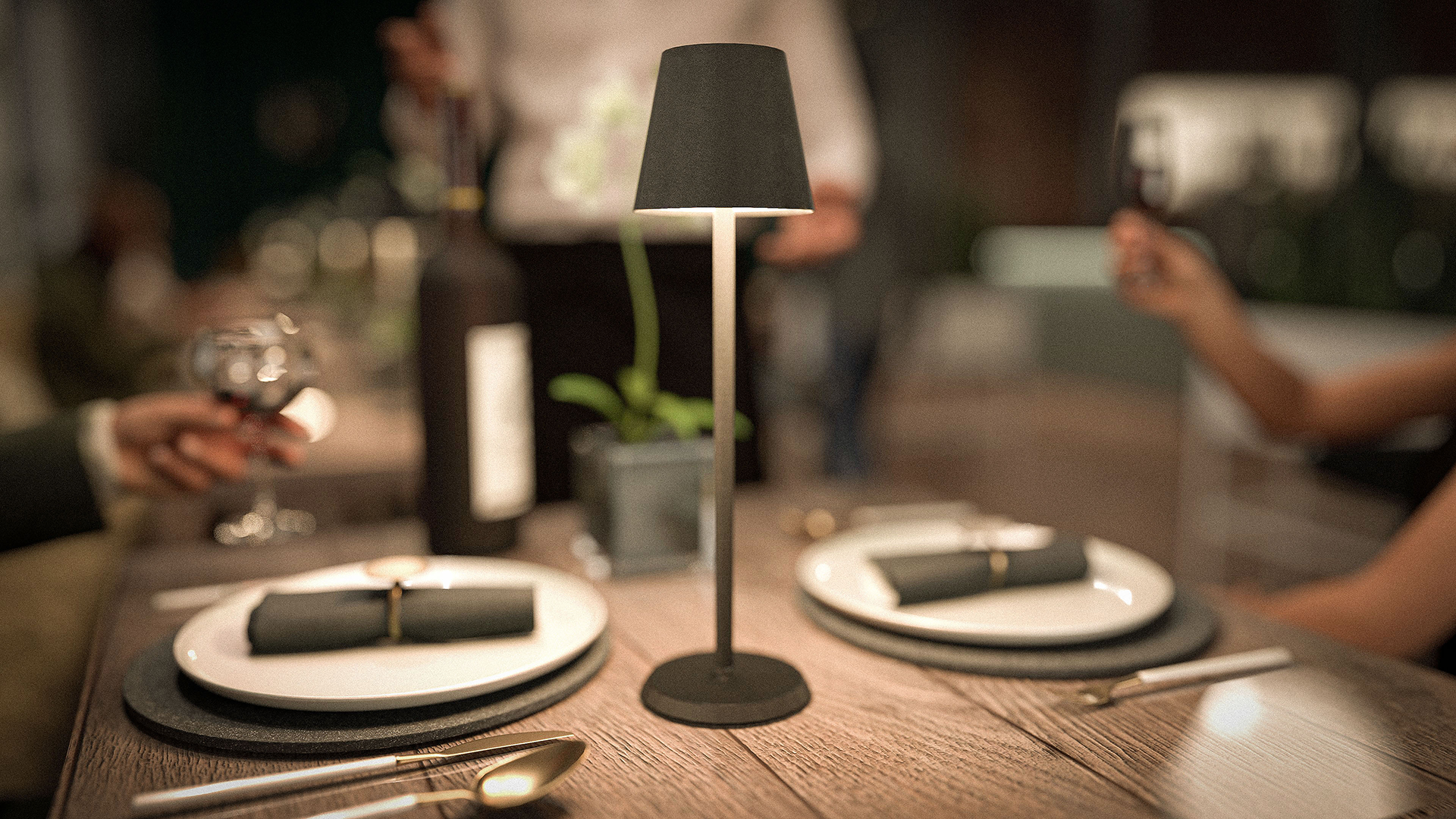 Felis LED Rechargeable Table Lamp in Black on a Table with People Sitting around Felis LED Rechargeable Table Lamp in Black on a Table with People Sitting around, Table Lighting, Restaurant Lighting, Lighting for Table at Restaurant, Commercial Table Lighting, Hospitality Lighting, Rechargeable Table Lamps, LED Lighting, Outdoor Table Lamps, Indoor Table Lighting, Cafe Lighting, Table Lamps for Cafes