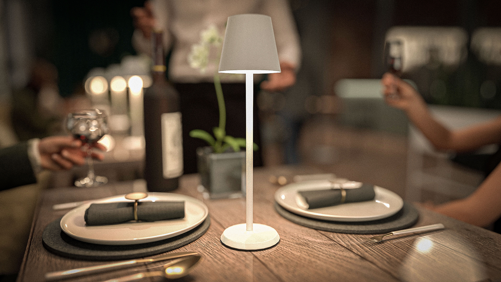 Felis LED Rechargeable Table Lamp in White on a Table with People Sitting around Felis LED Rechargeable Table Lamp in White on a Table with People Sitting around, Table Lighting, Restaurant Lighting, Lighting for Table at Restaurant, Commercial Table Lighting, Hospitality Lighting, Rechargeable Table Lamps, LED Lighting, Outdoor Table Lamps, Indoor Table Lighting, Cafe Lighting, Table Lamps for Cafes