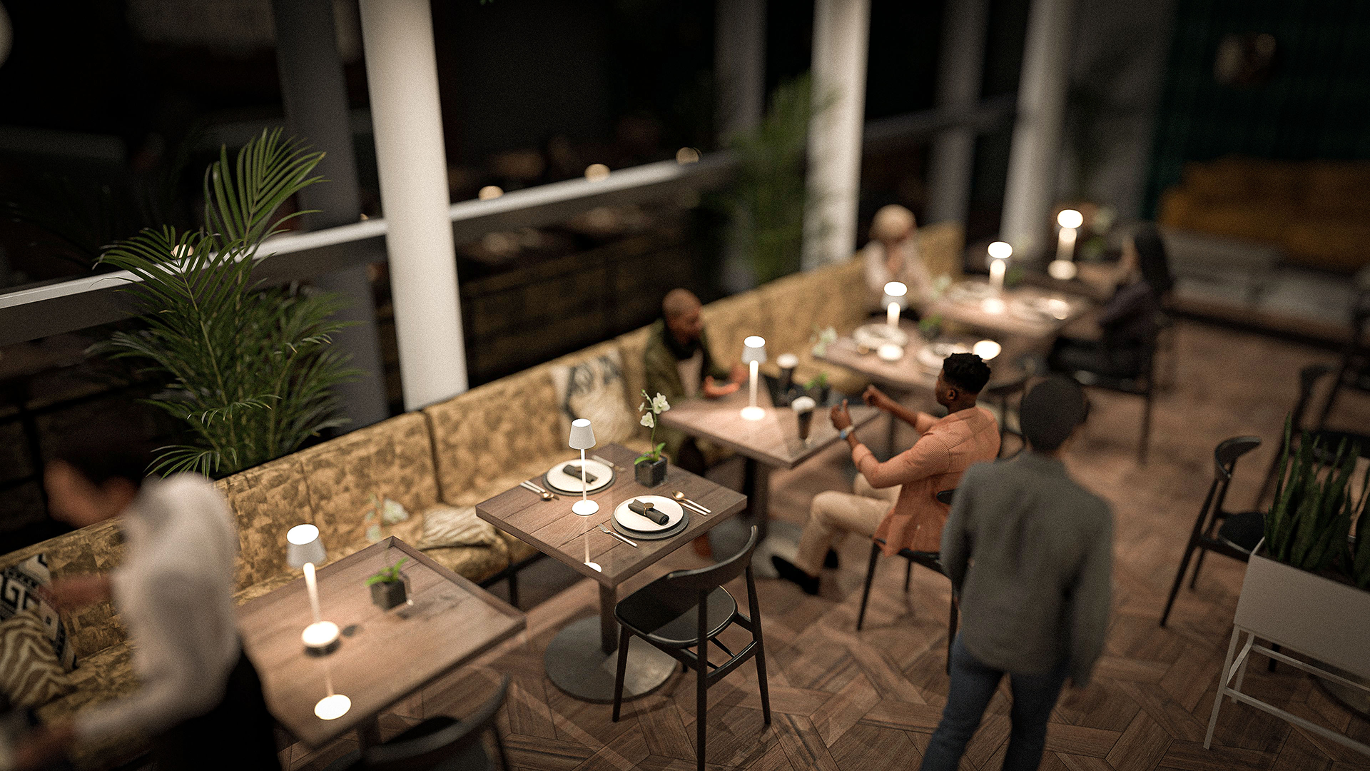 Felis LED Rechargeable Table Lamp in White on Tables with People Sitting around Felis LED Rechargeable Table Lamp in White on Tables with People Sitting around, Table Lighting, Restaurant Lighting, Lighting for Table at Restaurant, Commercial Table Lighting, Hospitality Lighting, Rechargeable Table Lamps, LED Lighting, Outdoor Table Lamps, Indoor Table Lighting, Cafe Lighting, Table Lamps for Cafes