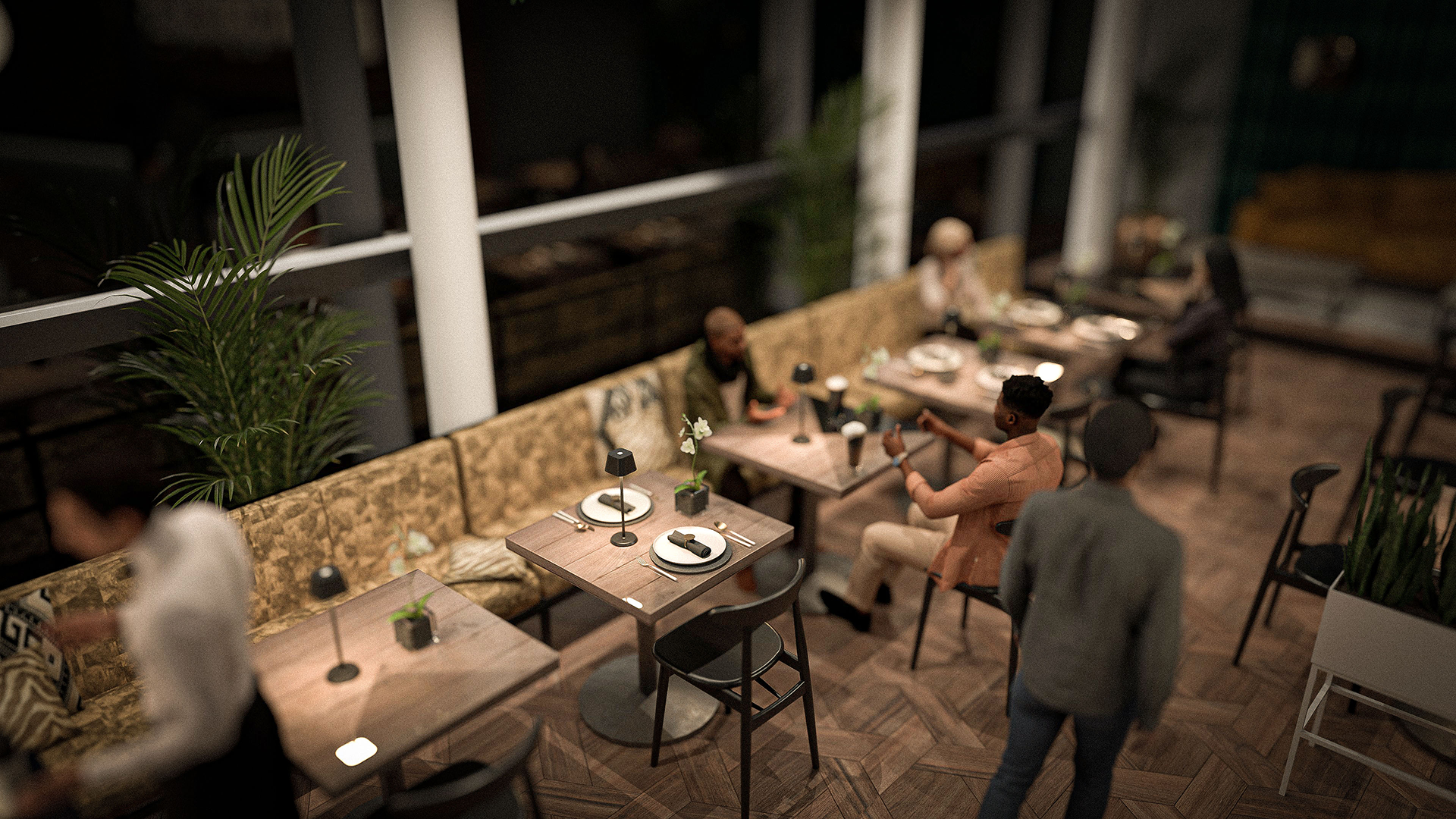 Gigi LED Rechargeable Table Lamp in Black on a Tables with People Sitting around Gigi LED Rechargeable Table Lamp in Black on Tables with People Sitting around, Table Lighting, Restaurant Lighting, Lighting for Table at Restaurant, Commercial Table Lighting, Hospitality Lighting, Rechargeable Table Lamps, LED Lighting, Outdoor Table Lamps, Indoor Table Lighting, Cafe Lighting, Table Lamps for Cafes