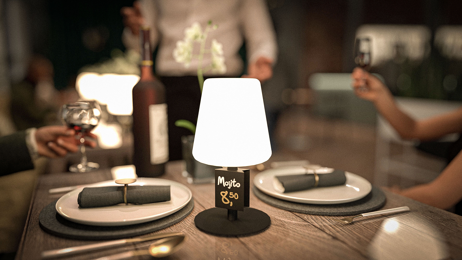 Michel Rechargeable Table Lamp in Black with Mini Chalkboard Lit Up on a Wooden Table in a Restaurant Michel Rechargeable Table Lamp in Black with Mini Chalkboard Lit Up on a Wooden Table in a Restaurant, Table Lighting, Restaurant Lighting, Lighting for Table at Restaurant, Commercial Table Lighting, Hospitality Lighting, Rechargeable Table Lamps, LED Lighting, Outdoor Table Lamps, Indoor Table Lighting, Cafe Lighting, Table Lamps for Cafes, Vase Table Lamp, Table Lamp for Flowers
