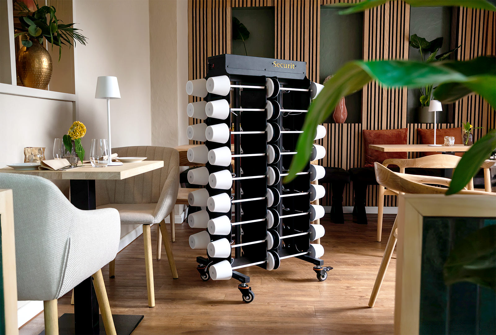 Table Lamp Charging Trolley Inside a Restaurant Table Lamp Charging Trolley Inside a Restaurant, Table Lighting Recharging Trolley, Charging Trolley, Lighting Charging Trolley
