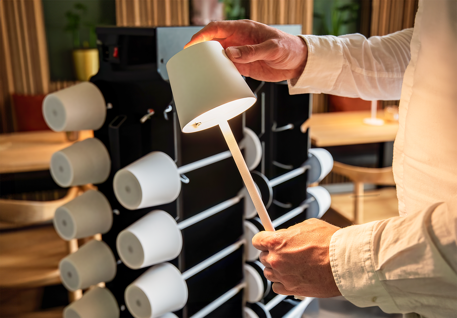 Waiter Testing a Table Lamp in White Waiter Testing a Table Lamp in White, Table Lighting Recharging Trolley, Charging Trolley, Lighting Charging Trolley