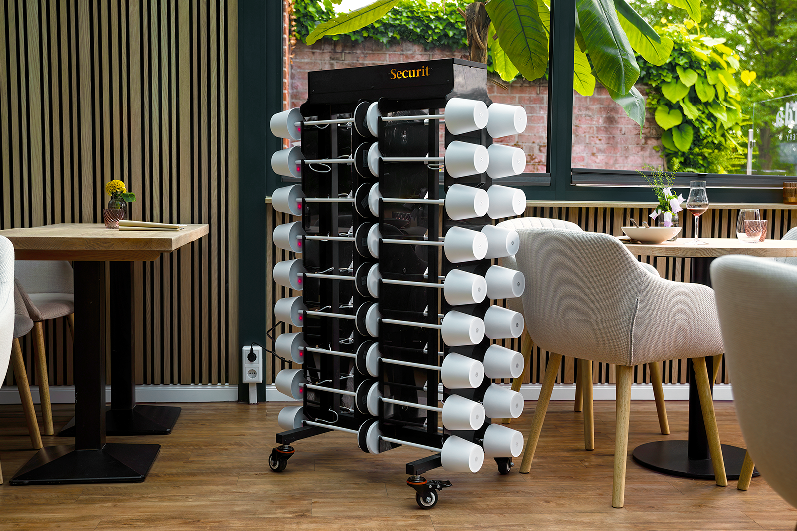 Table Lamp Charging Trolley Inside a Restaurant Table Lamp Charging Trolley Inside a Restaurant, Table Lighting Recharging Trolley, Charging Trolley, Lighting Charging Trolley
