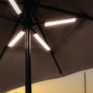 Velten Rechargeable Parasol Lamp Lit Up in at Night-Time, Parasol Lighting, Umbrella Lighting, Rechargeable Parasol Lighting, Outdoor Lighting, Commercial Parasol Lighting, Rechargeable Umbrella Lamp, Outside Parasol Lights, Giant Umbrella Parasol Lighting