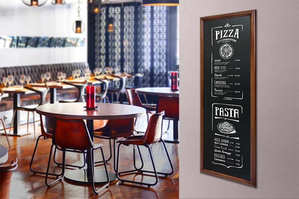 Long Wall Board in Dark Brown Inside a Restaurant Long Wall Board in Dark Brown, Wall Board, Shop Wall Boards, Cafe Wall Boards, Wall Boards, Wall Menu Displays, Menu Signage, Boards with Chalkboard, Wall Display, Chalkboard Boards, Information Displays, Wooden Wall Chalkboard