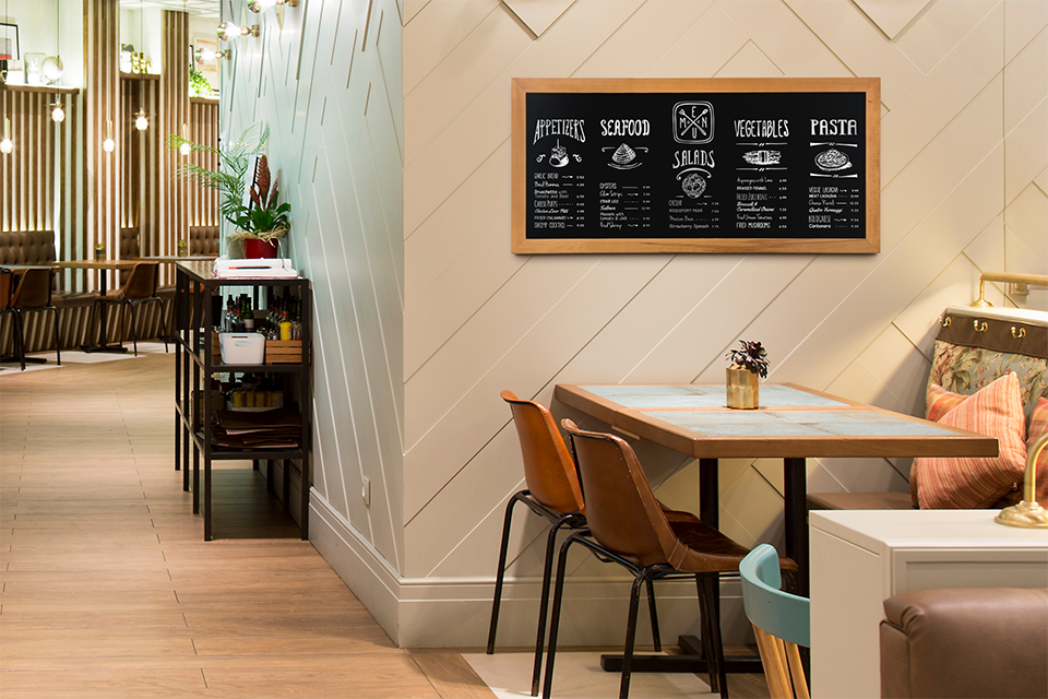 Long Wall Board in Teak Inside a Restaurant Setting Long Wall Board in Teak, Wall Board, Shop Wall Boards, Cafe Wall Boards, Wall Boards, Wall Menu Displays, Menu Signage, Boards with Chalkboard, Wall Display, Chalkboard Boards, Information Displays, Wooden Wall Chalkboard