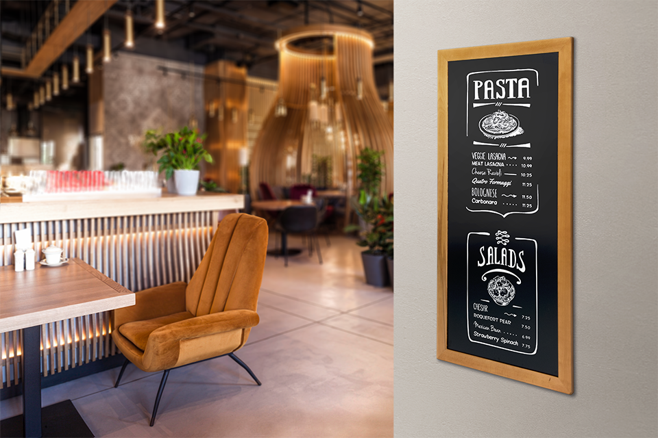 Long Wall Board in Teak in a Restaurant Setting Long Wall Board in Teak, Wall Board, Shop Wall Boards, Cafe Wall Boards, Wall Boards, Wall Menu Displays, Menu Signage, Boards with Chalkboard, Wall Display, Chalkboard Boards, Information Displays, Wooden Wall Chalkboard