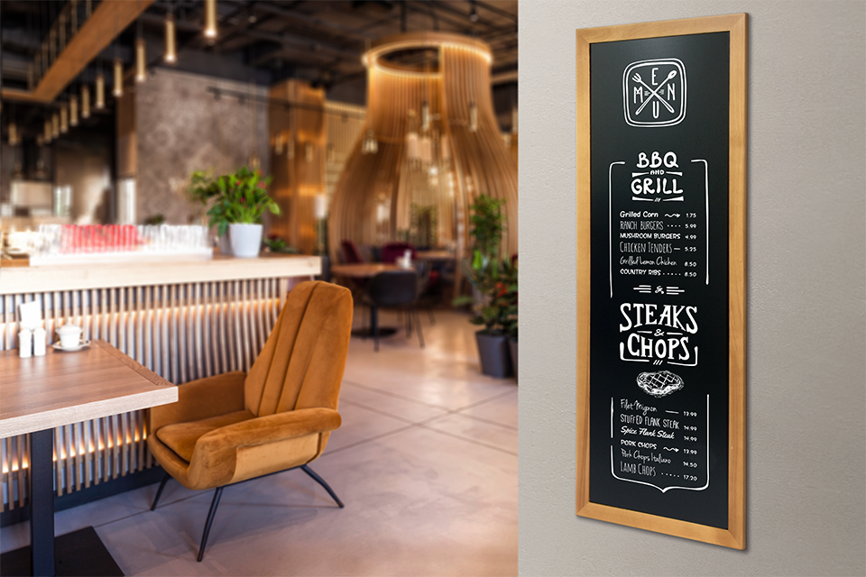 Long Wall Board in Teak with Menu Long Wall Board in Teak, Wall Board, Shop Wall Boards, Cafe Wall Boards, Wall Boards, Wall Menu Displays, Menu Signage, Boards with Chalkboard, Wall Display, Chalkboard Boards, Information Displays, Wooden Wall Chalkboard
