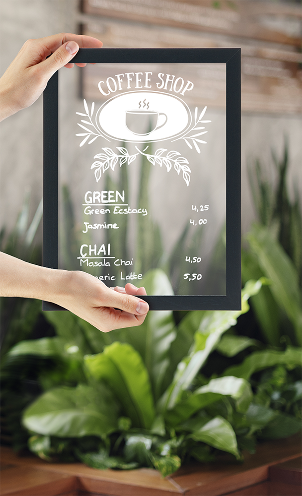 Wooden Transparent Wall Board in Black Finish with Cafe Menu Wooden Transparent Wall Board in Black Finish, Wall Board, Shop Wall Boards, Cafe Wall Boards, Wall Boards, Wall Menu Displays, Menu Signage, Boards with Chalkboard, Wall Display, Chalkboard Boards, Information Displays, Wooden Wall Chalkboard