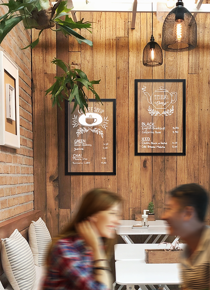 Wooden Transparent Wall Board in Black Finish Inside a Cafe Wooden Transparent Wall Board in Black Finish, Wall Board, Shop Wall Boards, Cafe Wall Boards, Wall Boards, Wall Menu Displays, Menu Signage, Boards with Chalkboard, Wall Display, Chalkboard Boards, Information Displays, Wooden Wall Chalkboard
