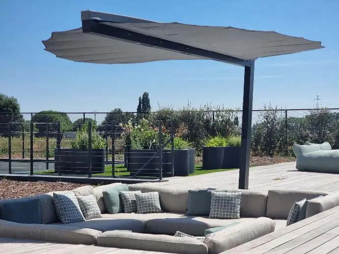 Folium Patio Heater Outside Folium Free Standing Patio Heater, Folium Patio Heater in Black and Fabric, Patio Heaters, Outdoor Heaters, Free Standing Patio Heater, Alfresco Heaters, Commercial Heaters, Commercial Patio Heaters, Free Standing Heating, Hospitality Heaters, Restaurant Heaters