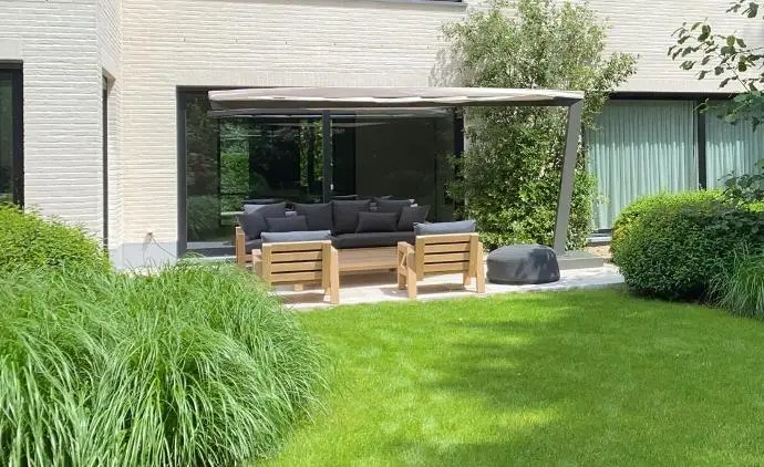 Folium Patio Heater in a Garden Folium Free Standing Patio Heater, Folium Patio Heater in Grey with White Fabric, Patio Heaters, Outdoor Heaters, Free Standing Patio Heater, Alfresco Heaters, Commercial Heaters, Commercial Patio Heaters, Free Standing Heating, Hospitality Heaters, Restaurant Heaters