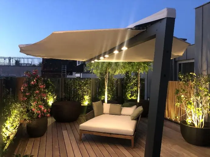 Folium Patio Heater with Lighting Outside Folium Free Standing Patio Heater, Folium Patio Heater in Black with Beige Fabric, Patio Heaters, Outdoor Heaters, Free Standing Patio Heater, Alfresco Heaters, Commercial Heaters, Commercial Patio Heaters, Free Standing Heating, Hospitality Heaters, Restaurant Heaters