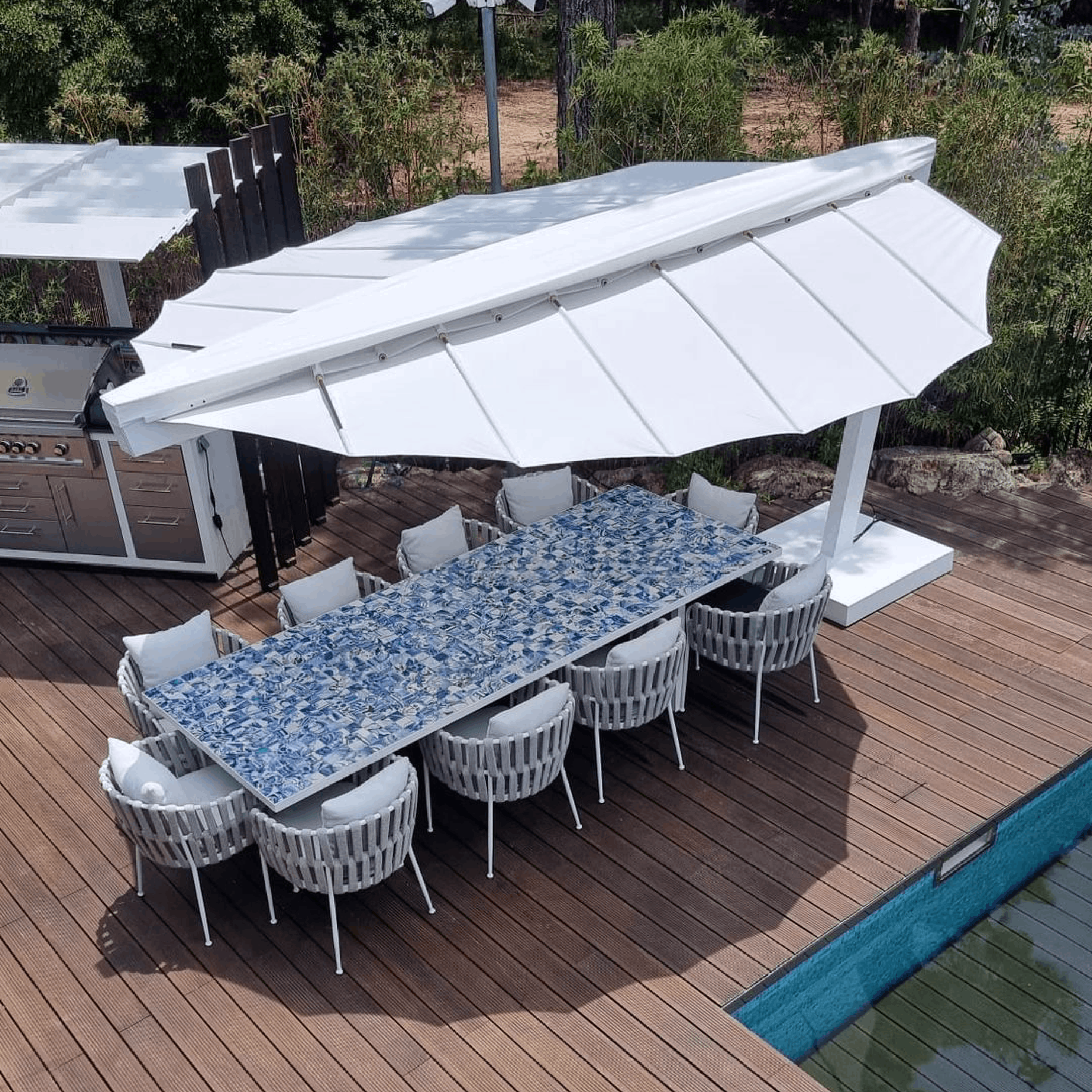 Folium Free Standing Patio Heater - Outside Around Table Folium Free Standing Patio Heater, Folium Patio Heater in White with White Fabric, Patio Heaters, Outdoor Heaters, Free Standing Patio Heater, Alfresco Heaters, Commercial Heaters, Commercial Patio Heaters, Free Standing Heating, Hospitality Heaters, Restaurant Heaters