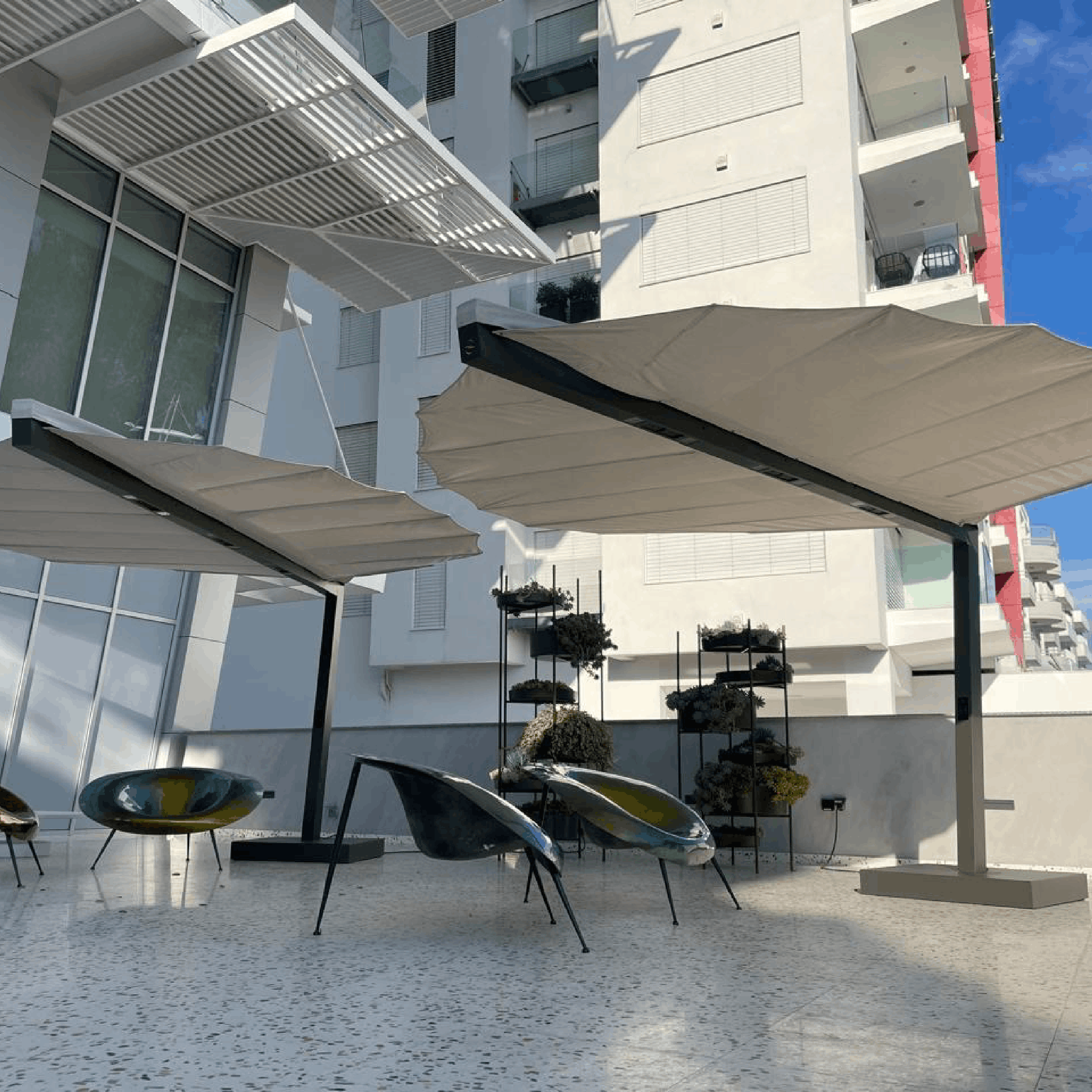 Folium Free Standing Patio Heater - White 2 x Folium Free Standing Patio Heater, Folium Patio Heater in Grey with White Fabric, Patio Heaters, Outdoor Heaters, Free Standing Patio Heater, Alfresco Heaters, Commercial Heaters, Commercial Patio Heaters, Free Standing Heating, Hospitality Heaters, Restaurant Heaters