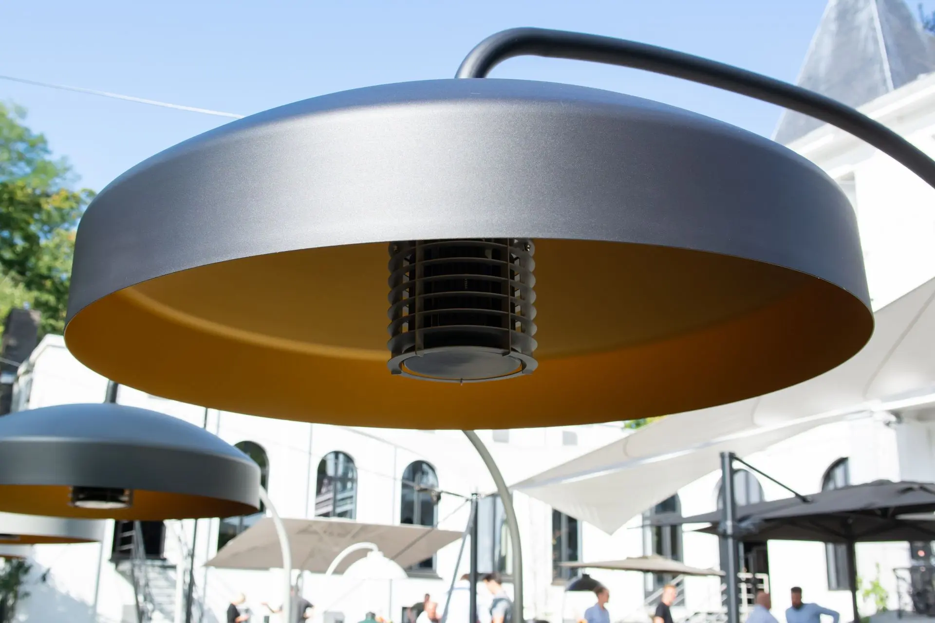 Halo Free Standing Patio Heater Close Up Halo Free Standing Patio Heater, Halo Free Standing Patio Heater in Black, Patio Heaters, Outdoor Heaters, Free Standing Heater, Alfresco Heaters, Commercial Heaters, Commercial Patio Heaters, Patio Heater with Base, Hospitality Heaters, Restaurant Heaters
