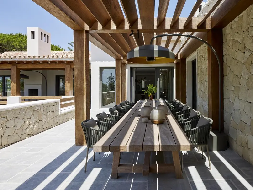 Halo Free Standing Patio Heater Outside in the Mediterranean Halo Free Standing Patio Heater, Halo Free Standing Patio Heater in Pebble Finish, Patio Heaters, Outdoor Heaters, Free Standing Heater, Alfresco Heaters, Commercial Heaters, Commercial Patio Heaters, Patio Heater with Base, Hospitality Heaters, Restaurant Heaters