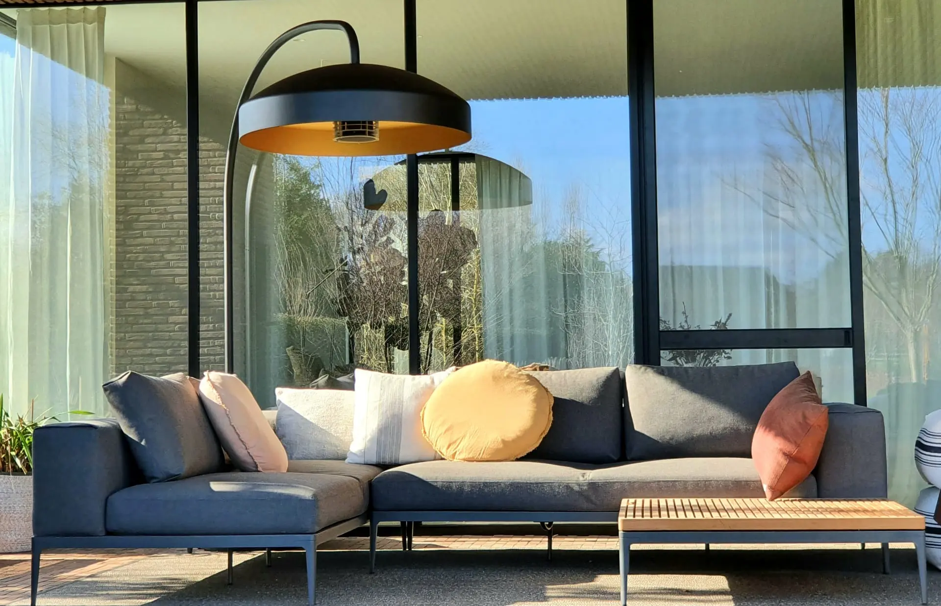 Halo Patio Heater in Black Outside Halo Free Standing Patio Heater, Halo Free Standing Patio Heater in Black, Patio Heaters, Outdoor Heaters, Free Standing Heater, Alfresco Heaters, Commercial Heaters, Commercial Patio Heaters, Wall Pendant Lighting, Hospitality Heaters, Restaurant Heaters