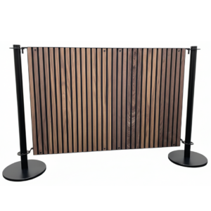 Acoustic Cafe Panel with Wooden Acoustic Slats, Suitable for Indoor Only, Cafe Panels, Cafe Barriers, Powder Coated Black Cafe Barrier Posts, Black Posts, Cafe Screens