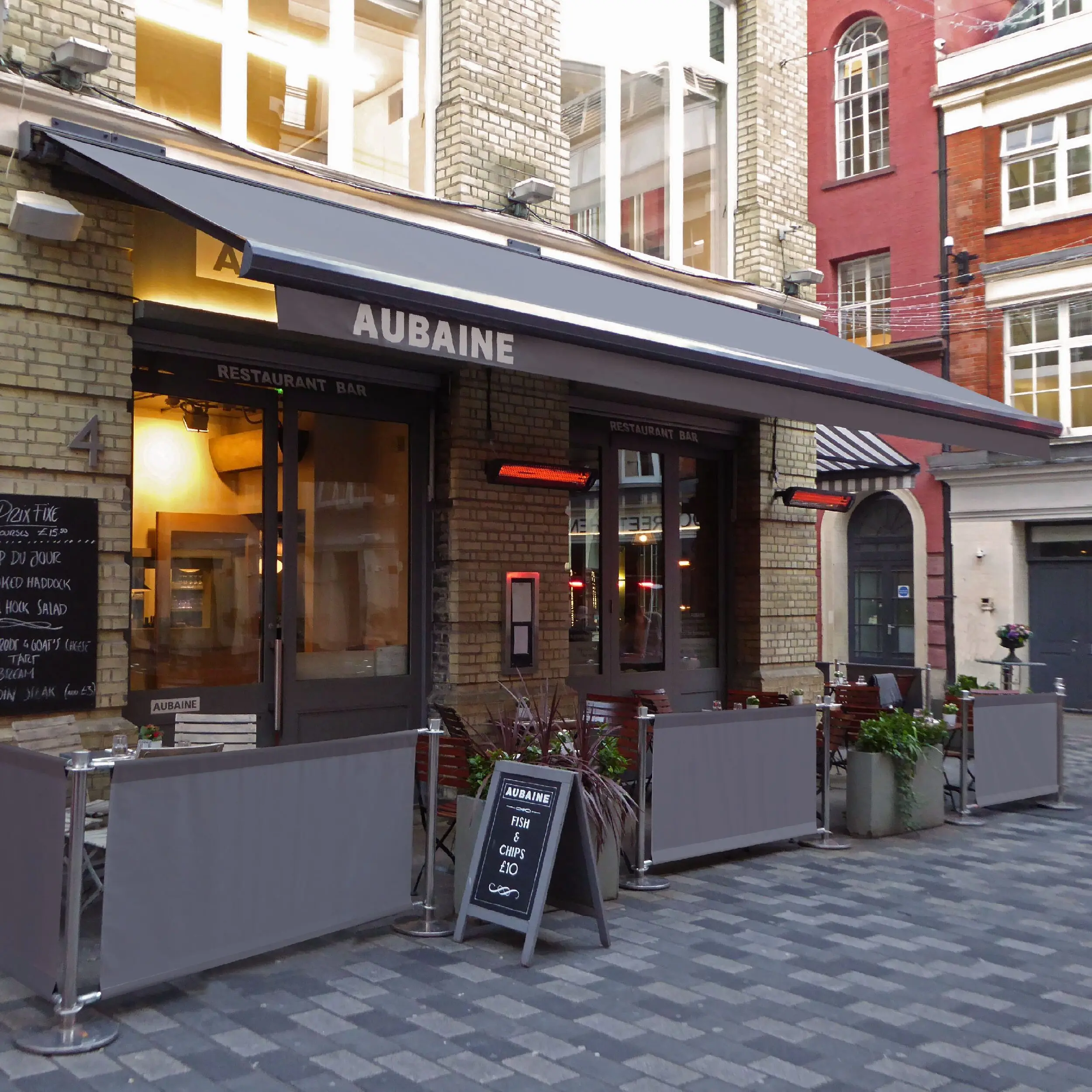 Aubaine - Original Cafe Barrier Posts & Canvas Cafe Banners Aubaine Cafe Barrier System, printed café banners, bespoke café banners, handmade café banners, custom café banners, café screens, fabric café banners, original cafe barrier posts, bespoke cafe barrier posts, stainless steel cafe barrier posts, metal cafe barrier posts