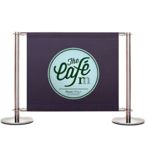 Canvas Café Banners, Printed Banners, Printed Barriers, Cafe Barrier System, Stainless Steel Cafe Barrier Posts, Cross Bars, Branded Cafe Banners, Bespoke Design, Heavy Duty Cafe Barriers, Commercial Cafe Barriers, Banner Printing, Cafe Windbreaks, Fabric Banners, Custom Banners