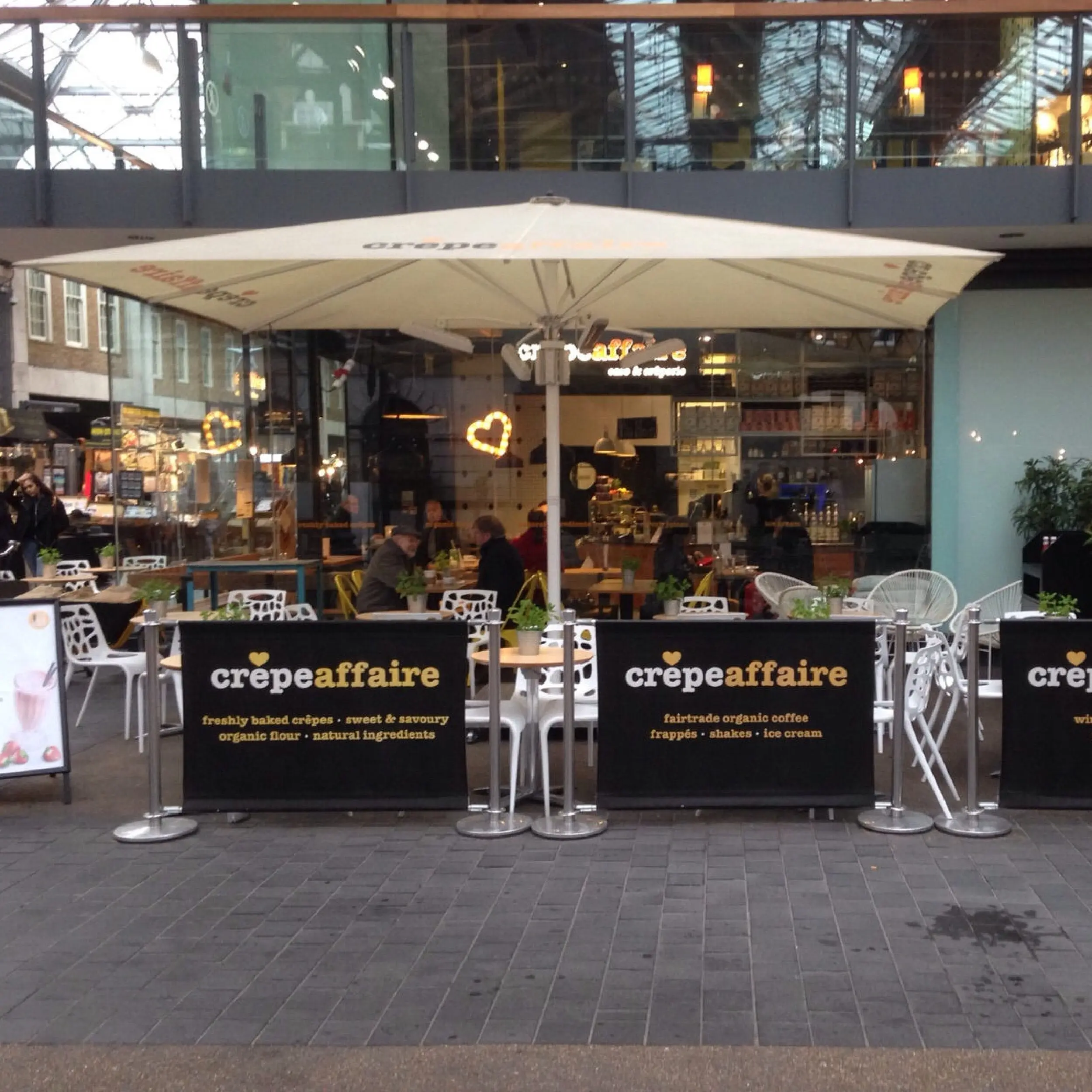 Crepe Affair - Original Cafe Barrier Posts & Canvas Cafe Banners Crepe Affaire - Black Canvas Cafe Banners with Free Standing Original Cafe Barrier Posts, Printed Café Banners, bespoke café banners, handmade café banners, custom café banners, café screens, fabric café banners, stainless steel cafe barrier posts, metal stanchions, bespoke cafe barrier posts, Heavy duty cafe banners
