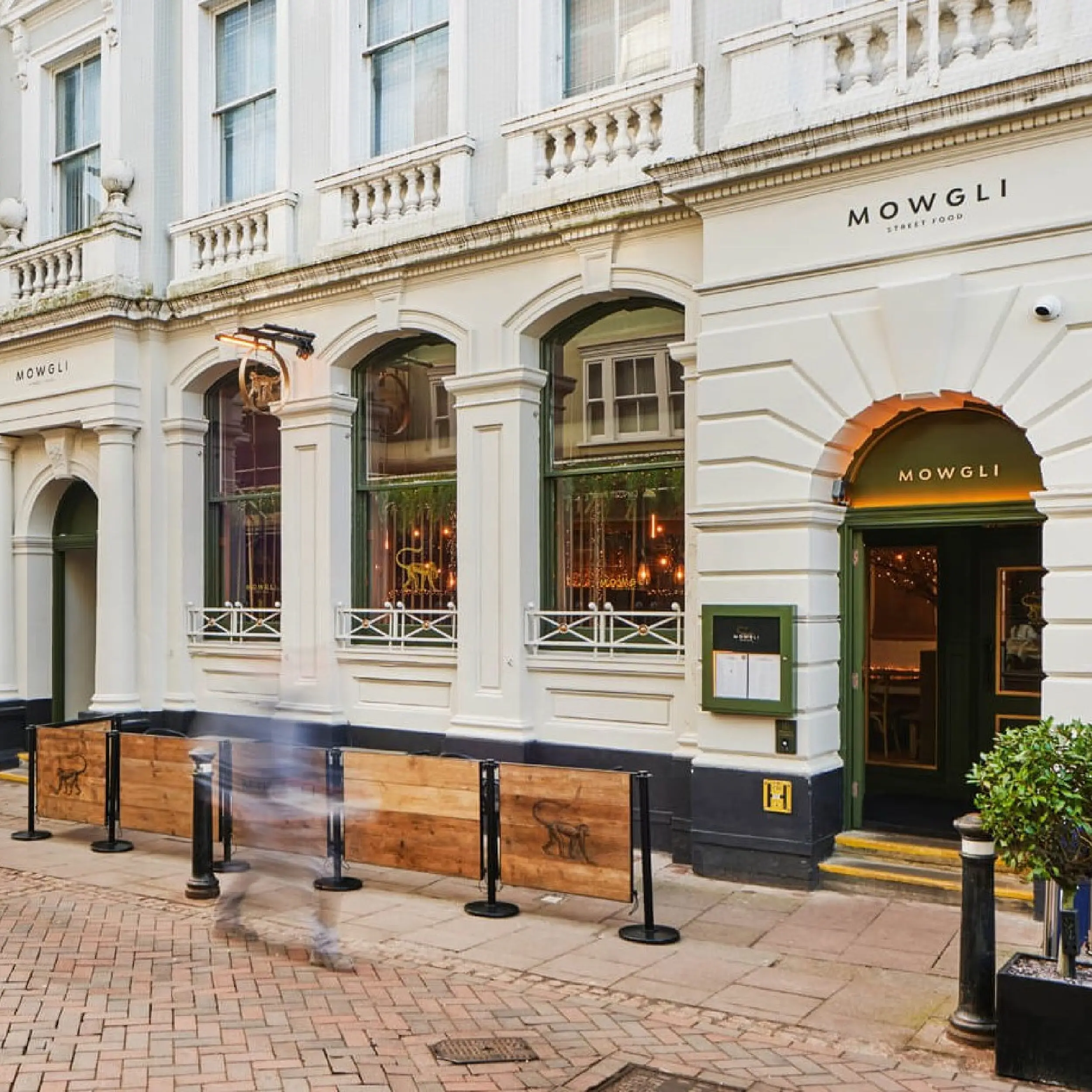 Mowgli - Wooden Framed Cafe Panels Mowgli Restaurant with Bespoke Wooden Framed Cafe Panels and Powder Coated Custom Painted Cafe Barrier Posts, Commercial Cafe Panels, Hospitality Cafe Panels, Panels for Cafes, printed cafe barriers
