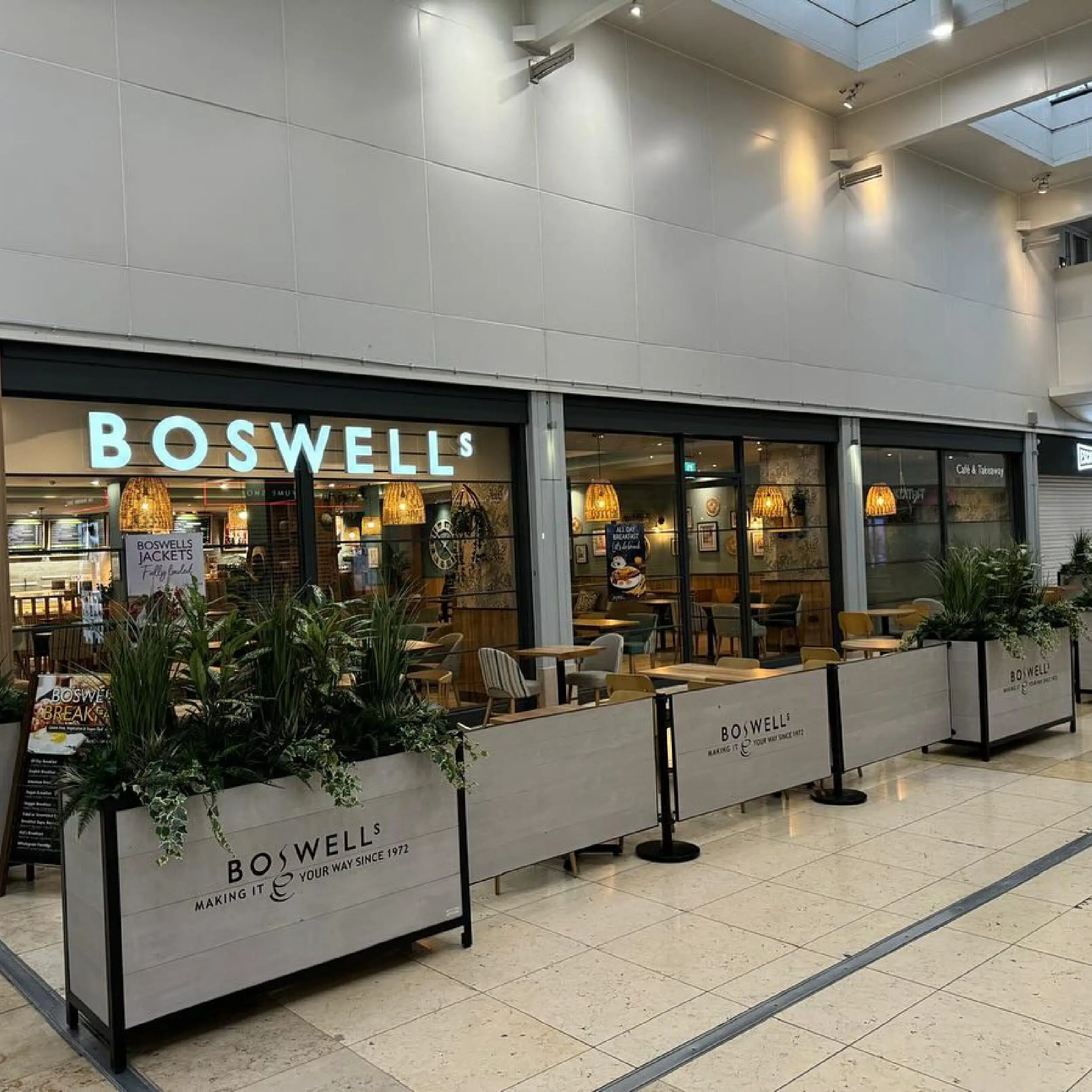 Wooden Framed Cafe Panels Cafe Banner Boswells Wooden Framed Panels with Advance Cafe Posts Powder Coated Black with Baylis Cafe Planters