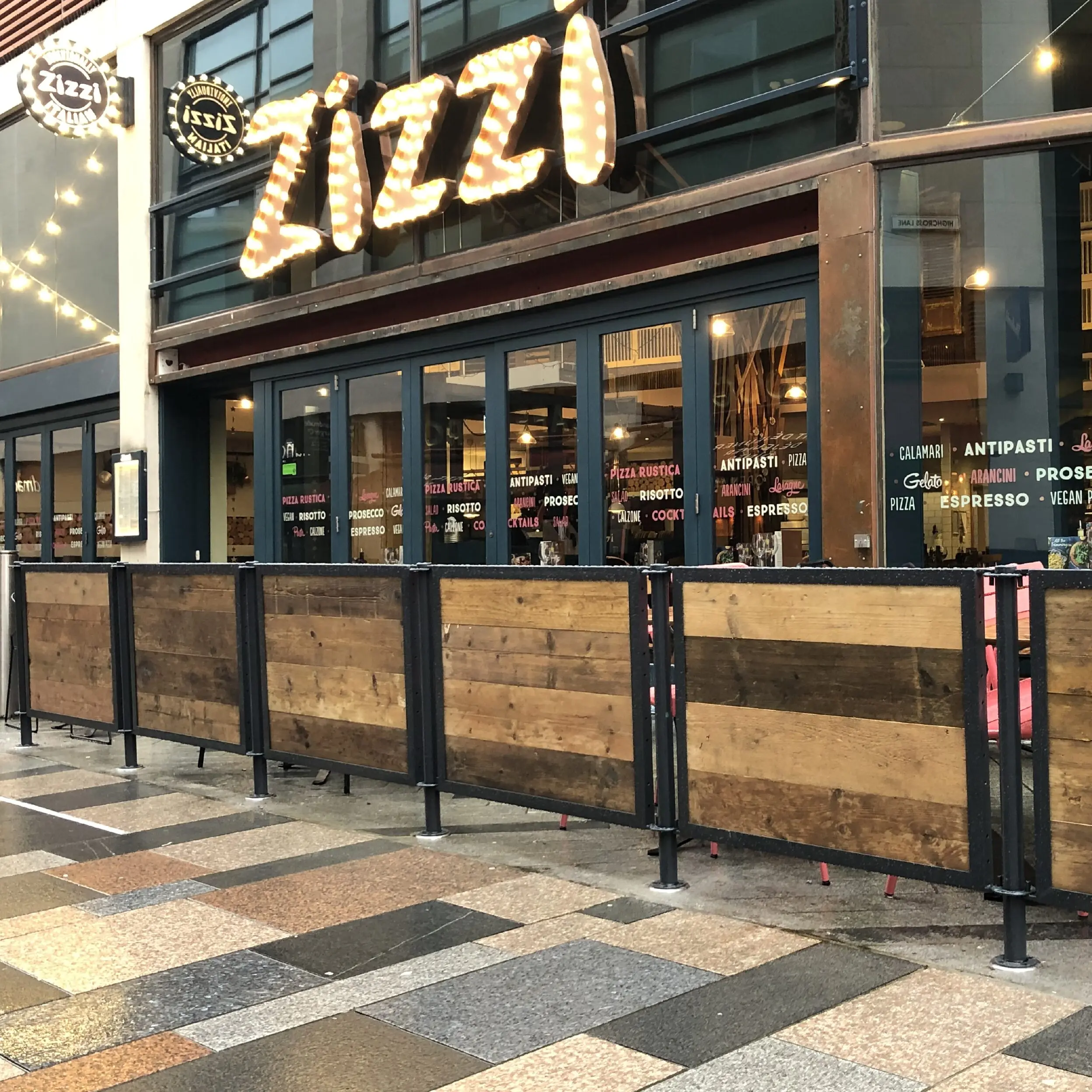 Zizzi Leicester - Wooden Framed Cafe Panels Zizzi Reclaimed Scaffold Board Wooden Framed Panels with Advance Posts in Anthracite Grey