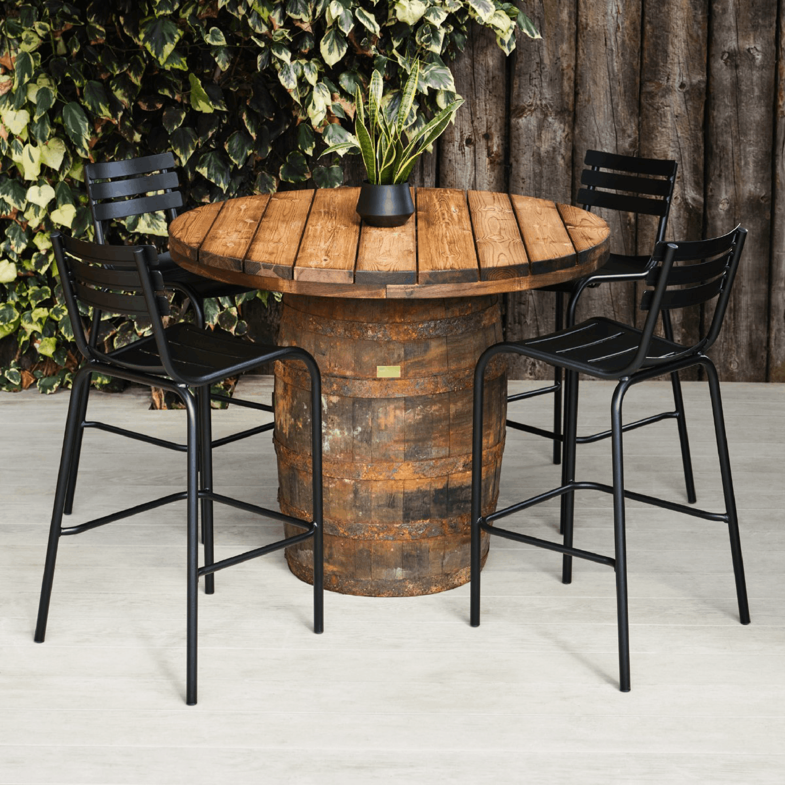 Barrel Poseur Table - With Black Bar Chairs Barrel Poseur Table, Oak Barrel Table, Wooden Barrel Table, Commercial Furniture, Hospitality Furniture, Restaurant Furniture, Indoor Furniture, Outdoor Furniture