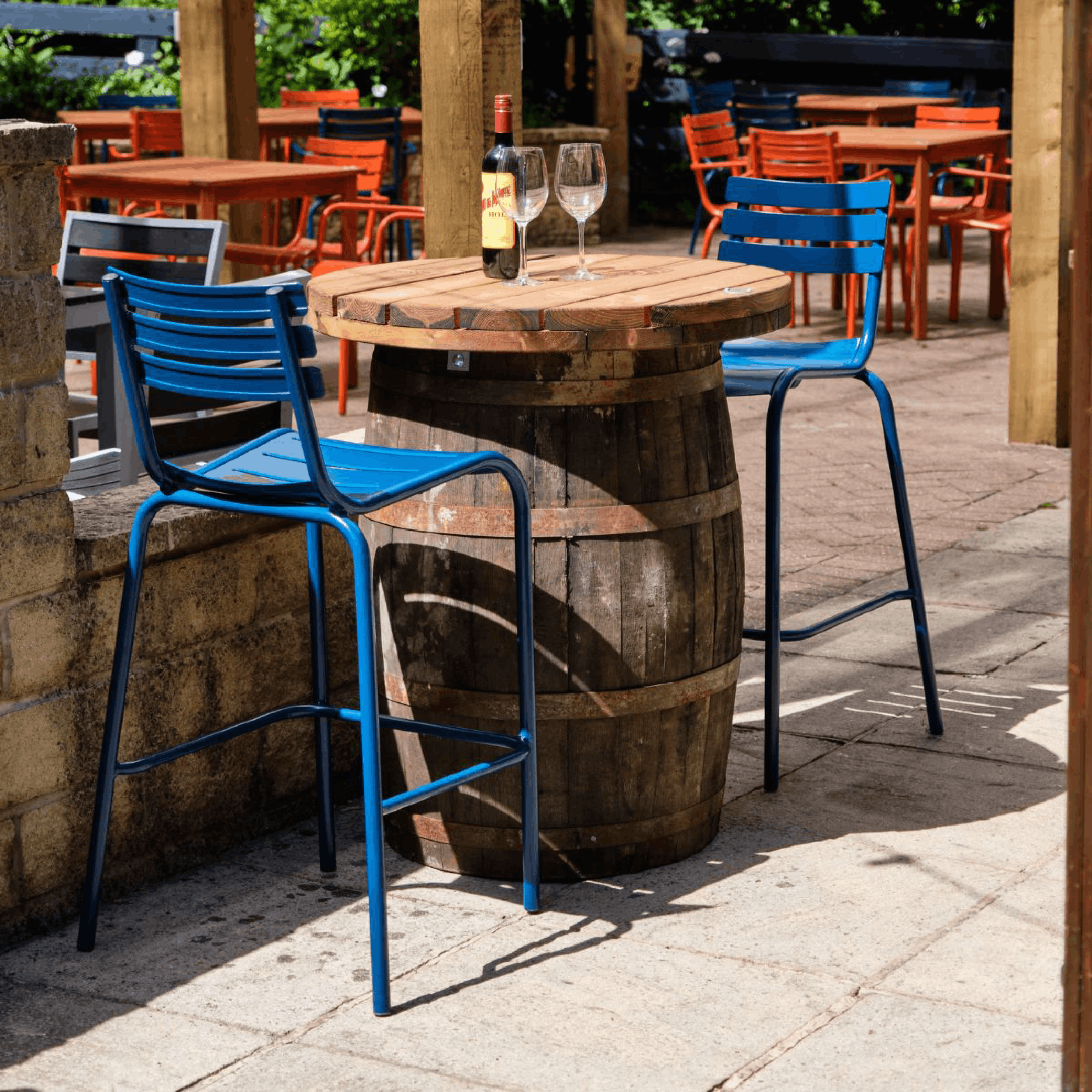Barrel Poseur Table - With Blue Bar Chairs Barrel Poseur Table, Oak Barrel Table, Wooden Barrel Table, Commercial Furniture, Hospitality Furniture, Restaurant Furniture, Indoor Furniture, Outdoor Furniture