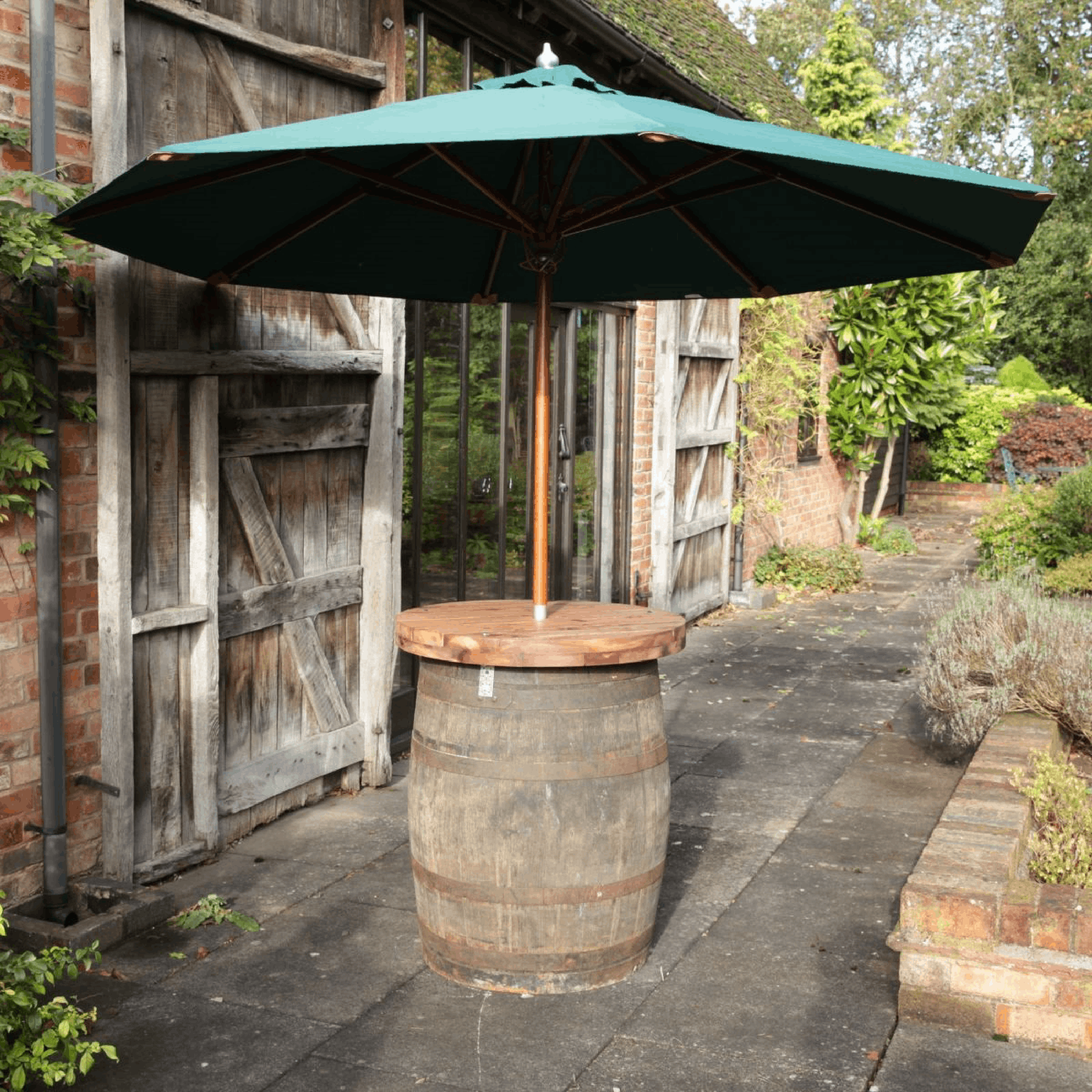Barrel Poseur Table - With Parasol in Middle Barrel Poseur Table, Oak Barrel Table, Wooden Barrel Table, Commercial Furniture, Hospitality Furniture, Restaurant Furniture, Indoor Furniture, Outdoor Furniture