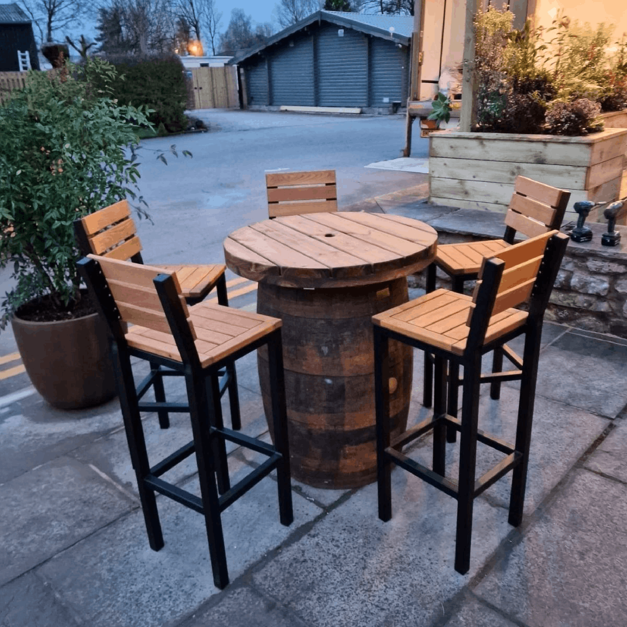 Barrel Poseur Table - With Wooden & Metal Bar Chairs