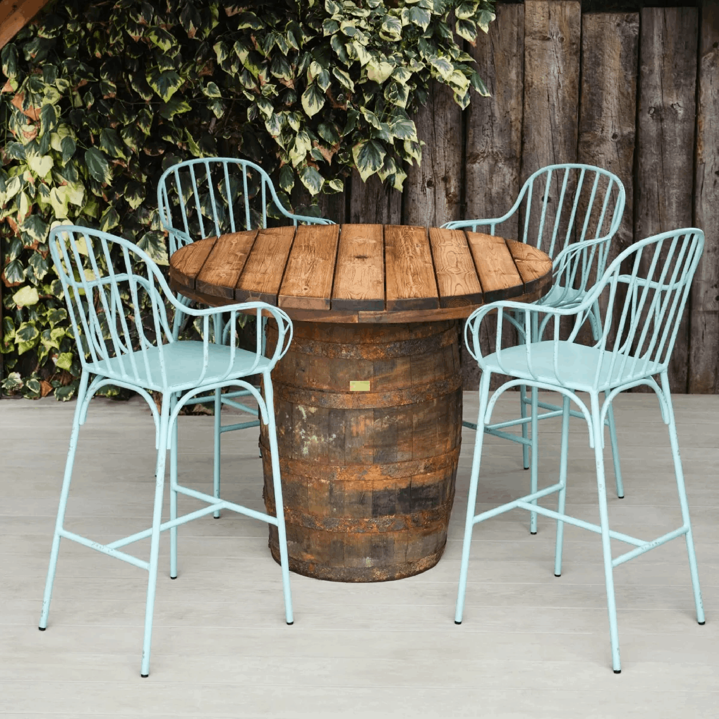 Barrel Poseur Table - with Blue Bar Armchairs Barrel Poseur Table, Oak Barrel Table, Wooden Barrel Table, Commercial Furniture, Hospitality Furniture, Restaurant Furniture, Indoor Furniture, Outdoor Furniture